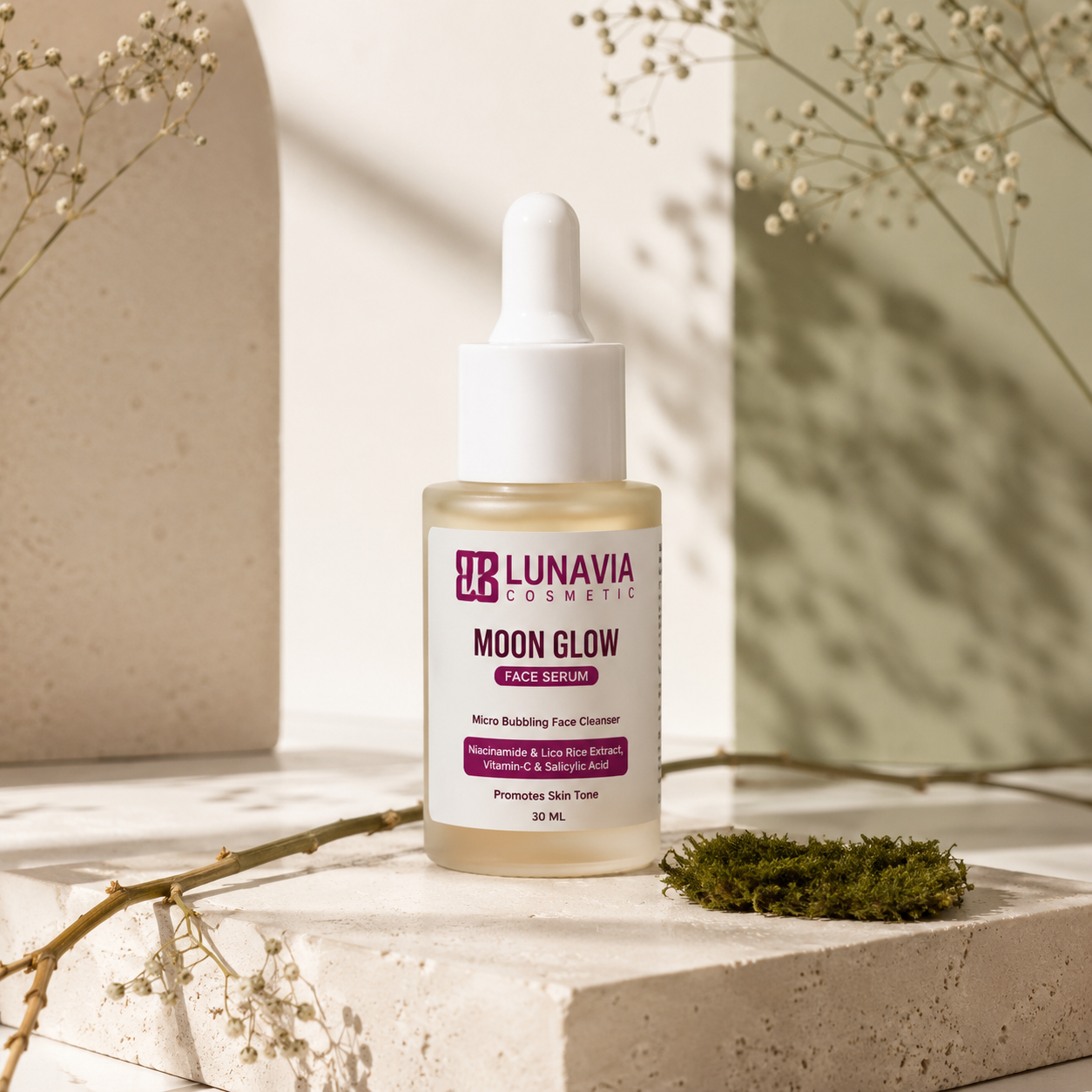 Moon Glow Face Serum with Niacinamide, Vitamin C & Salicylic Acid | Brightening Serum for Glowing Skin, Dark Spots & Hydration | 30ml