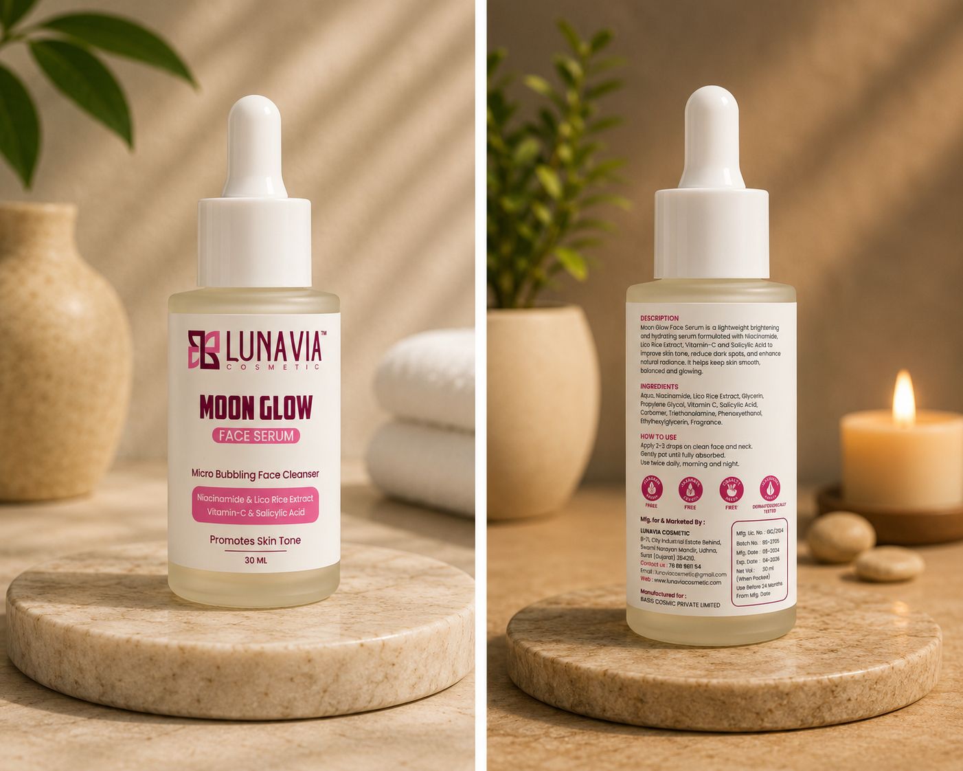 Moon Glow Face Serum with Niacinamide, Vitamin C & Salicylic Acid | Brightening Serum for Glowing Skin, Dark Spots & Hydration | 30ml