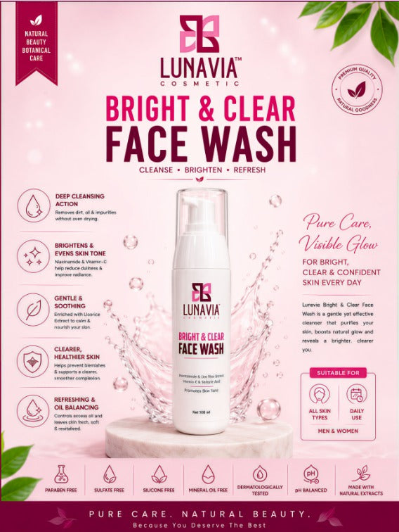 Bright & Clear Face Wash with Niacinamide, Vitamin C & Salicylic Acid | Deep Cleansing Face Wash for Glowing Skin, Oil Control & Brightening | 100ml