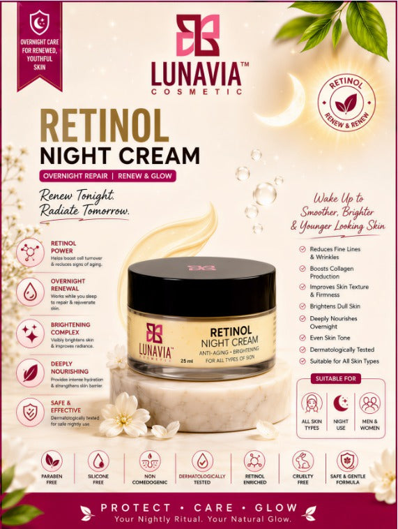 Retinol Night Cream for Anti-Aging & Skin Brightening | Overnight Repair Cream for Wrinkles, Fine Lines & Glowing Skin | Retinol Face Cream | 25ml