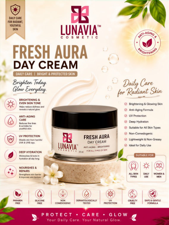 Fresh Aura Day Cream | Anti-Aging & Brightening Face Cream for Glowing Skin | Daily Moisturizer with Hydration & UV Protection | 25ml